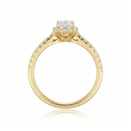 Gold engagement ring with a central diamond set in a halo and pavé diamonds along the band.