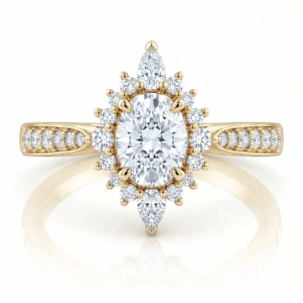 Gold ring with a large central diamond surrounded by a halo of smaller diamonds, set in a vintage-style design with pavé accents on the band.