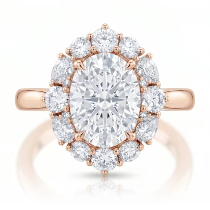 Rose gold engagement ring featuring a large round center diamond surrounded by a halo of smaller diamonds on a polished band.