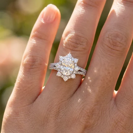 Close-up of a diamond engagement ring with a halo setting on a finger.