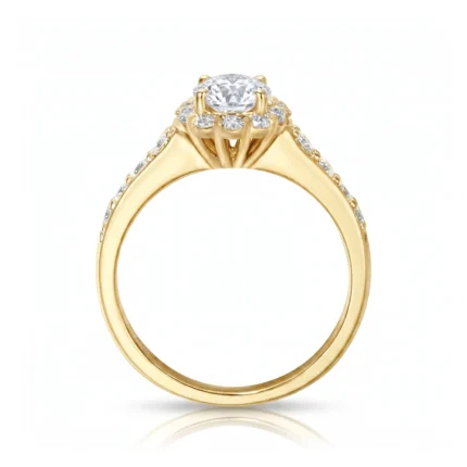 Gold engagement ring with a central diamond and pavé diamonds along the band, viewed from the side against a white background