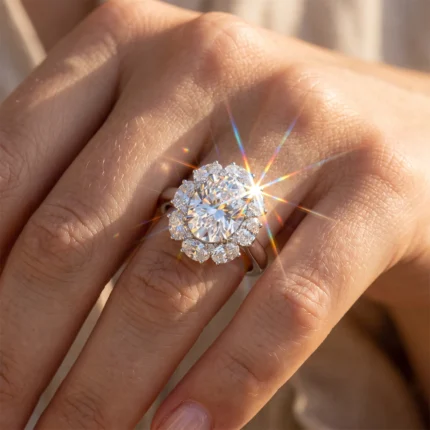 Close-up of a dazzling halo diamond ring on a finger, sunlight creating a starburst effect.