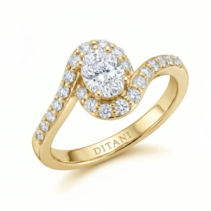 Gold ring with a large central diamond surrounded by a halo of smaller diamonds and diamond-studded band; inner engraving 'DITANI' visible