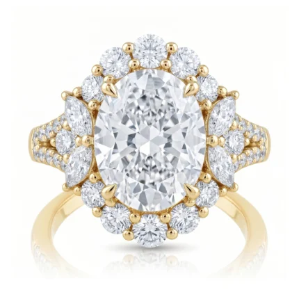 Gold ring with a large central diamond surrounded by a halo of smaller diamonds and marquise-cut side stones on a gold band