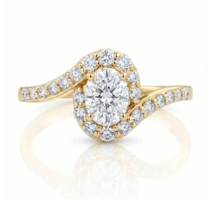 Gold engagement ring with a large central diamond surrounded by a halo of smaller diamonds