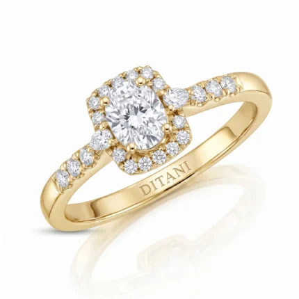 Gold ring with a large central diamond surrounded by a halo of smaller diamonds and pavé-set diamonds along the band, engraved DITANI inside the shank.