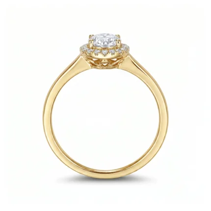 Gold engagement ring with a large central diamond and a pavé diamond halo on a white background, close-up