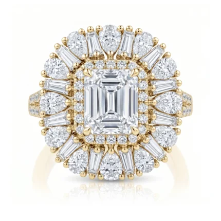 Gold ring with a square emerald-cut center diamond, surrounded by a halo of smaller diamonds and radiating baguette stones.