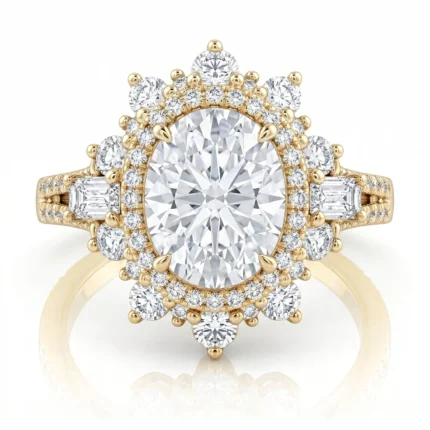 Gold halo engagement ring featuring a large central diamond surrounded by a double halo of pavé diamonds and diamond-studded band with baguette accents.