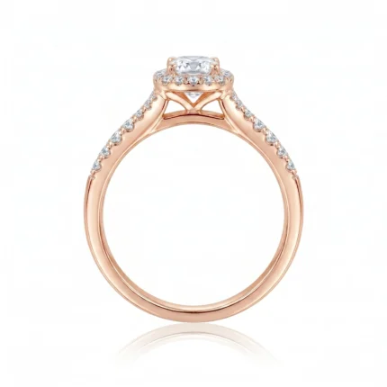 Rose gold engagement ring with an oval center diamond, diamond halo, and pavé-set diamonds along the band.