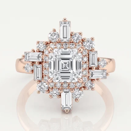 Rose gold ring with a square emerald-cut center diamond, surrounded by a halo of round and baguette diamonds.