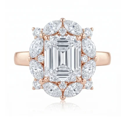 Rose gold ring with a square emerald-cut center diamond surrounded by a halo of round diamonds on a wide band.
