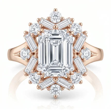Rose gold ring with a large emerald-cut center diamond and halo of round and baguette diamonds, intricate prong setting.