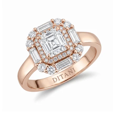 Rose gold ring with a square emerald-cut center diamond, surrounded by a double halo of round and baguette diamonds across a split shank variant.