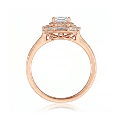 Rose gold engagement ring with a rectangular center diamond and surrounding smaller diamonds, set on an open, intricate gallery.