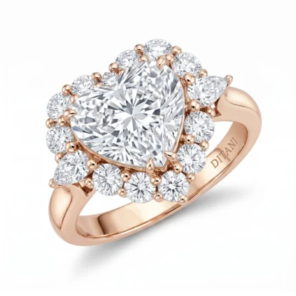 Rose gold ring with a large central round diamond surrounded by a halo of smaller diamonds and pear-shaped accents