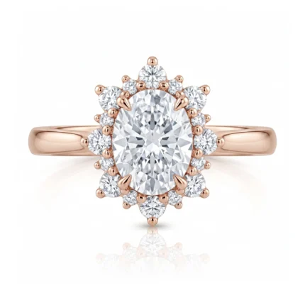 Rose gold engagement ring with a large central diamond surrounded by a halo of smaller diamonds.