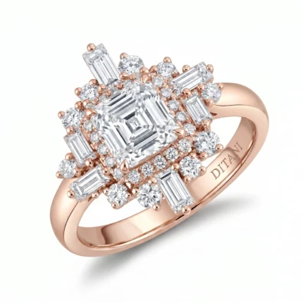 Rose gold ring with a square-cut center diamond surrounded by a halo of round and baguette diamonds on a polished band down to the finger edge.
