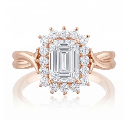 Rose gold ring featuring a rectangular emerald-cut center diamond with a halo of round diamonds and ornate 'petal' shoulders.