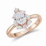Rose gold ring with a large oval center diamond surrounded by smaller diamonds on a slim band