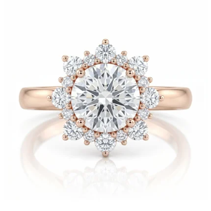 Rose gold ring with a large central diamond surrounded by a halo of smaller diamonds on a polished band.