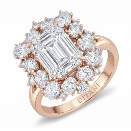 Rose-gold ring with a large emerald-cut center diamond surrounded by a halo of round diamonds.