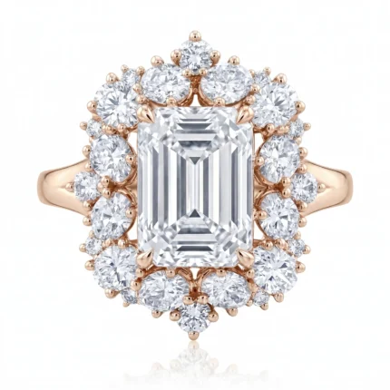 Rose gold ring with a large emerald-cut center diamond surrounded by a halo of smaller round diamonds