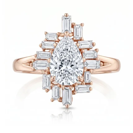 Rose gold ring with a pear-cut center diamond in a sunburst halo of emerald-cut diamonds.