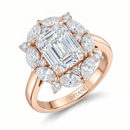 Rose-gold ring with a large emerald-cut center diamond surrounded by a halo of smaller diamonds