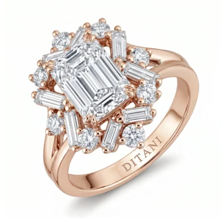 Rose gold statement ring with a large emerald-cut center diamond surrounded by round and baguette diamonds