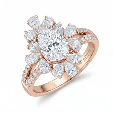 Rose‑gold ring featuring a large central diamond surrounded by diamond petals in a floral halo design (pave band).