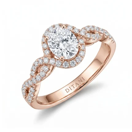 Rose gold engagement ring with a large central diamond in a halo of small pavé diamonds, and a diamond-studded split shank; engraved inside with DITANI