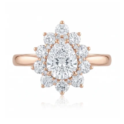 Rose gold engagement ring with a large central diamond and a flower-shaped halo of surrounding diamonds