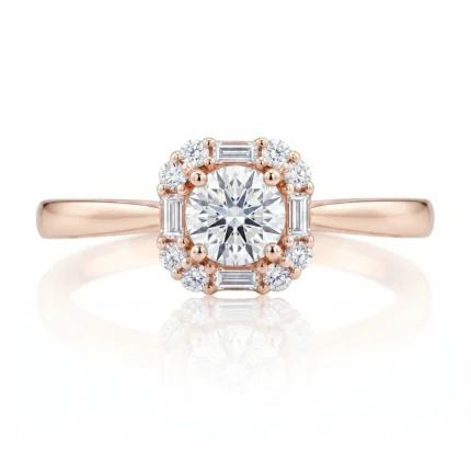 Rose gold ring with a large central round diamond and a halo of smaller diamonds arranged in alternating rounds and baguettes