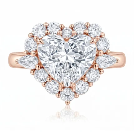 Rose gold ring with a large heart-shaped center diamond surrounded by a halo of round diamonds.