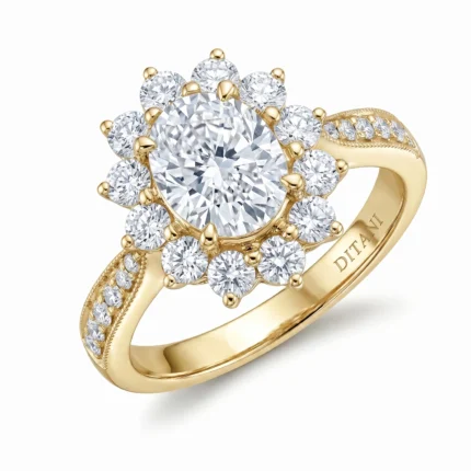Gold ring with a large central diamond surrounded by a halo of smaller diamonds and a detailed pavé band.",