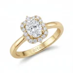 Gold ring with an oval center diamond surrounded by a halo of smaller diamonds on a polished band.