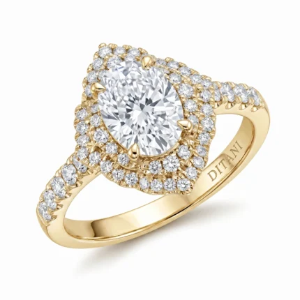 Gold ring with a large central diamond and double halo of smaller diamonds on a yellow-gold band, close-up view.