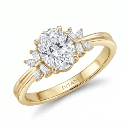 Yellow-gold ring with a large round center diamond and surrounding smaller diamonds in a floral cluster design around the setting