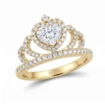 Gold ring with a heart-shaped center diamond surrounded by a diamond halo and pavé band sparkle with small diamonds along two intertwined bands.