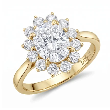 Gold ring with a large central diamond surrounded by a halo of smaller diamonds.