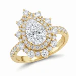 Gold halo diamond ring with a large center oval-cut diamond surrounded by multiple smaller diamonds in layered halos (vintage style).
