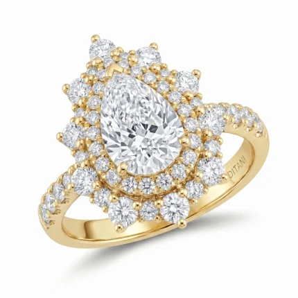 Gold halo diamond ring with a large center oval-cut diamond surrounded by multiple smaller diamonds in layered halos (vintage style).
