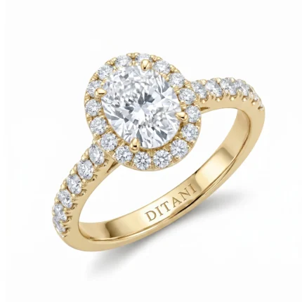 Gold halo engagement ring with a round center diamond surrounded by smaller diamonds and a diamond-studded band.