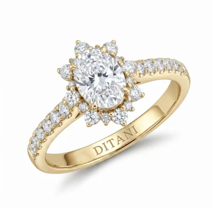 Gold ring with a large oval center diamond surrounded by a diamond halo; band pavé-set with diamonds, engraving inside reads 'DITANI'