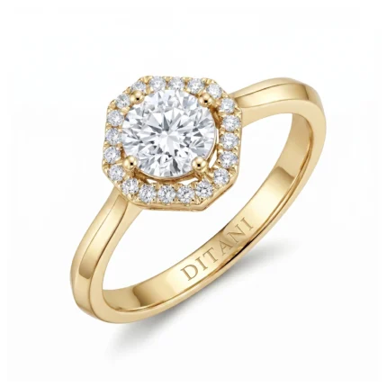 Gold halo engagement ring with a large center diamond surrounded by a halo of smaller diamonds; inner band engraved 'DITANI'.