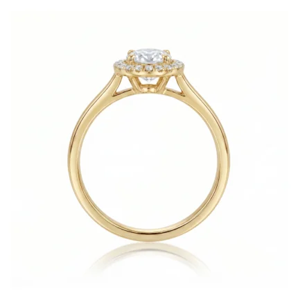 Yellow gold engagement ring with a central diamond surrounded by a halo of smaller diamonds on a white background