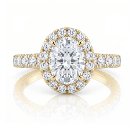 Gold ring with a large round center diamond, halo of smaller diamonds, and a diamond-studded band in gold.