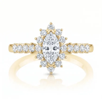 Gold ring with a large marquise-cut center diamond surrounded by a halo of smaller diamonds on a diamond-studded band.