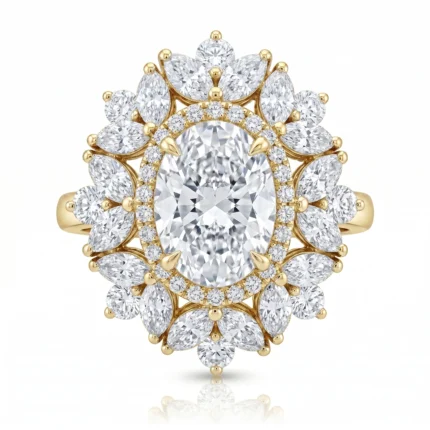Gold ring featuring a large central oval diamond surrounded by a halo of small diamonds and petal-shaped diamond accents like a flower, on-white background.